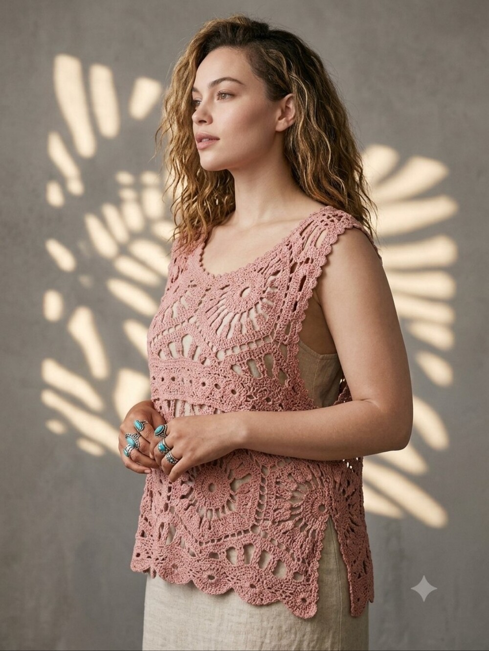 POL Dusty Rose Crochet Lace Knit Vest Top One Size Boho Cottagecore Festival